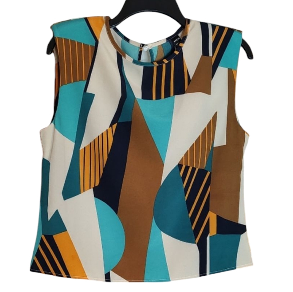 SHEIN Jade Turquoise Tan Graphic Sleeveless Boxy Blouse Sz Medium